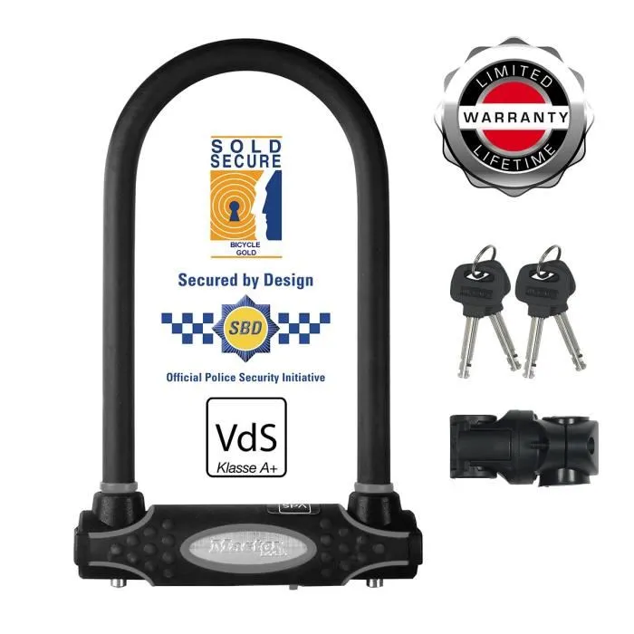 Master Lock Antivélo Cadenas en U Acier 8195EURDPRO - 11 cm, Sécurité Sold Secure Gold, Double Verrouillage, 4 Clés, Support Universel