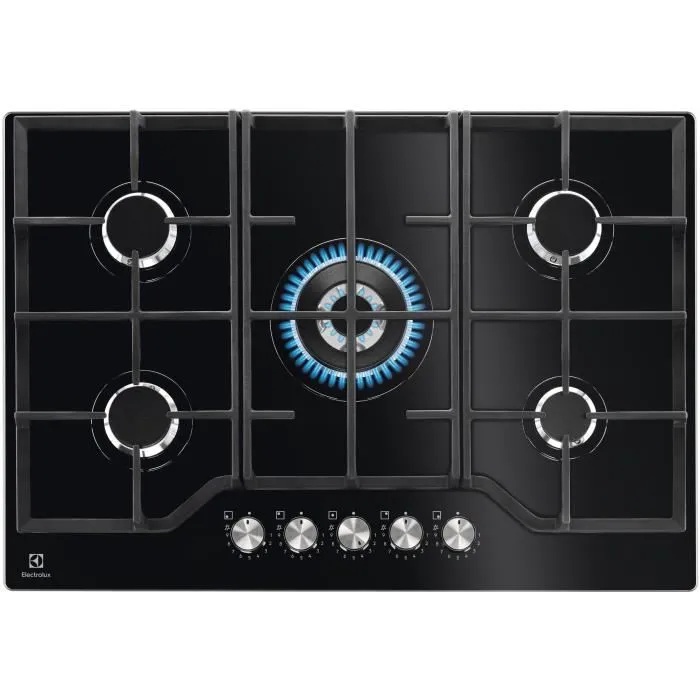 Electrolux - Plaque de cuisson gaz KGG75362K, 5 foyers, commandes StepPower, brûleurs Speed Burners, 74 x 51 cm, noir