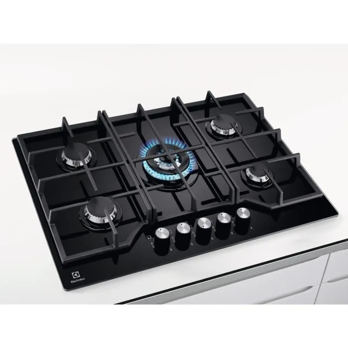 Electrolux - Plaque de cuisson gaz KGG75362K, 5 foyers, commandes StepPower, brûleurs Speed Burners, 74 x 51 cm, noir