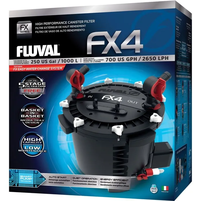 Fluval FX4 Filtre externe pour aquarium - Filtration pour bassin jusqu'à 1000 L avec Smart Pump - Compact et paniers amovibles pour eau douce et salée