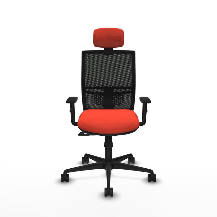 Chaise Yunquera Synchro 4 positions tissu Orange foncé Maille Noir Base en nylon noir Accoudoir 1D Appui-tête 1D Roulettes 65mm nylon