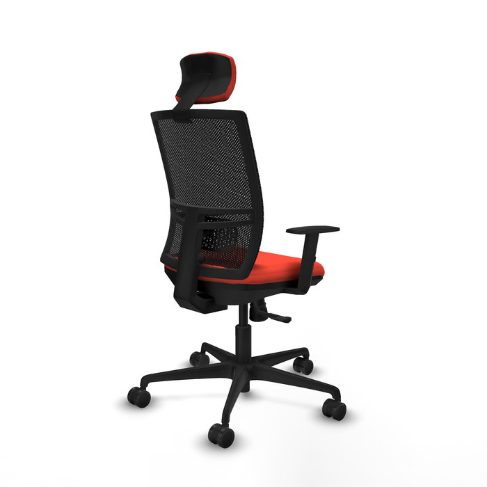 Chaise Yunquera Synchro 4 positions tissu Orange foncé Maille Noir Base en nylon noir Accoudoir 1D Appui-tête 1D Roulettes 65mm nylon