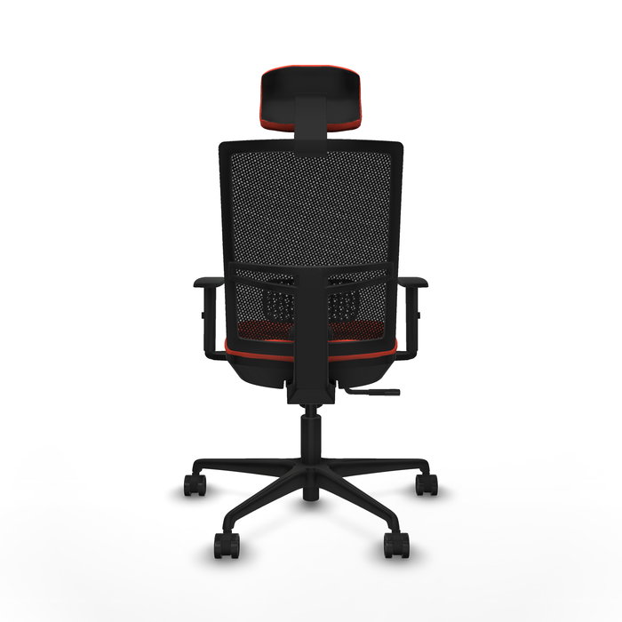 Chaise Yunquera Synchro 4 positions tissu Orange foncé Maille Noir Base en nylon noir Accoudoir 1D Appui-tête 1D Roulettes 65mm nylon