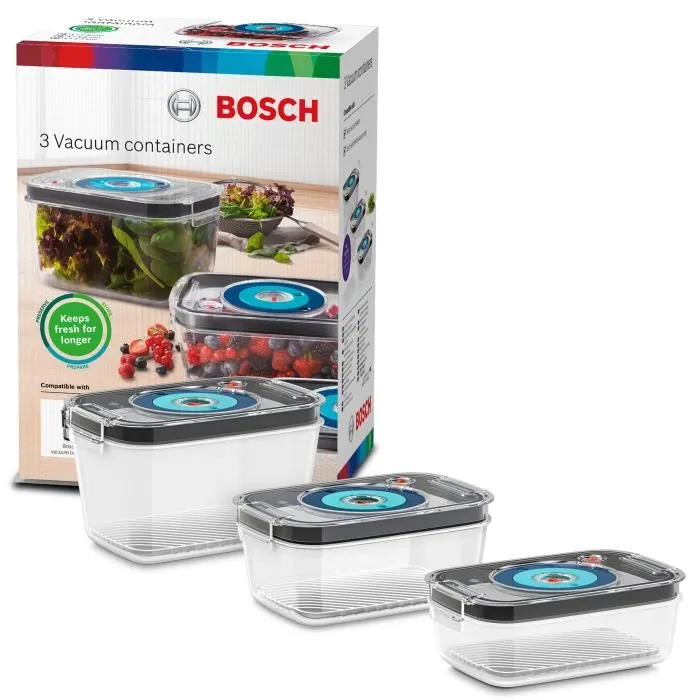 Bosch - Lot de 3 boîtes de conservation sous vide hermétiques en Tritan (0.7L, 1.0L, 1.5L) avec bac d'égouttement et indicateur de date