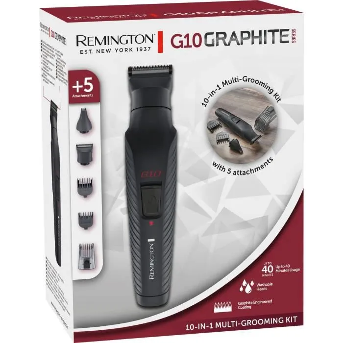 Remington Kit Multifonction G10 Graphite Series - Tondeuse 10 en 1 avec lames auto-affûtées, accessoires lavables et autonomie 40 min (Rechargeable USB)