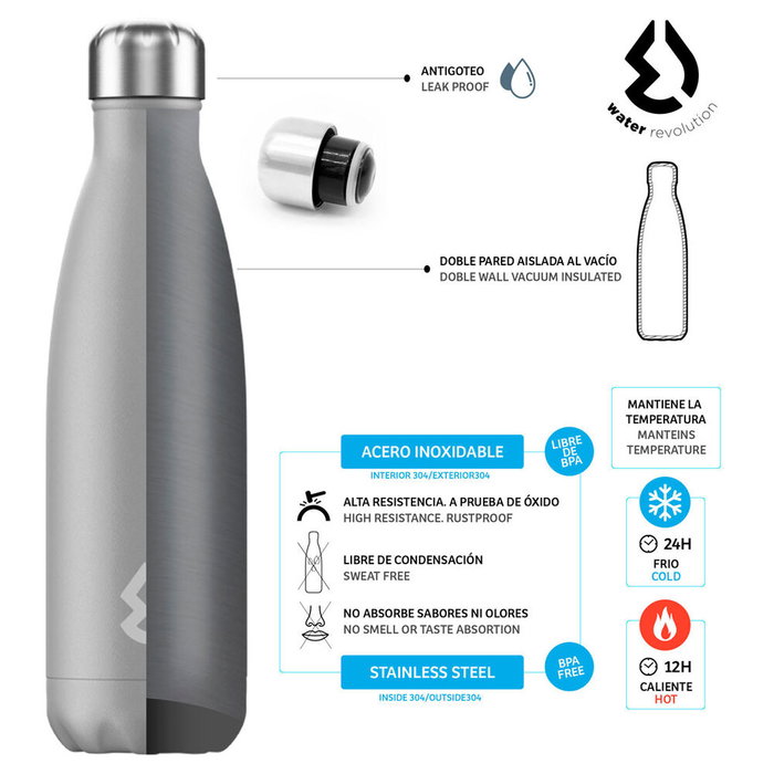 Water Revolution Gourde Isotherme en Acier Inoxidable 500 ml, Antigoutte, Double Paroi Isolée sous Vide, Maintien du Chaud et du Froid, Sans BPA