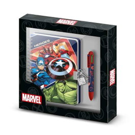 Karactermania Pack Avengers avec journal A5 à spirale et stylo 6 couleurs - Boîte décorative à cadenas, 24x23x2,5cm