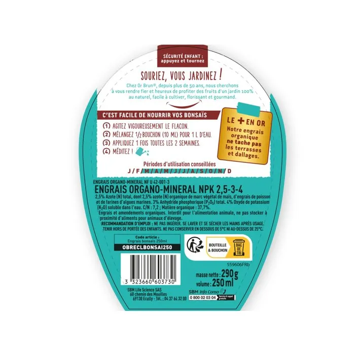 Or Brun Engrais Liquide pour Bonsaï Intérieur et Extérieur, 250 ml - OBRECLBONSAI250 - Formule Équilibrée pour Croissance et Feuillage Compact