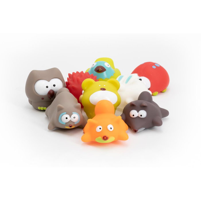 Tachan Set de 10 animaux doux en peluche pour le bain et le jeu - Jouet d'éveil pour bébé dès 6 mois - Présenté en tube - Langues multiples