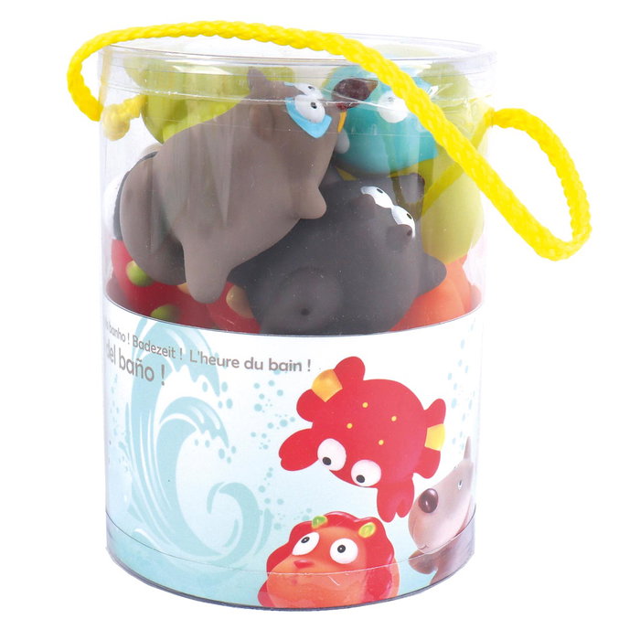 Tachan Set de 10 animaux doux en peluche pour le bain et le jeu - Jouet d'éveil pour bébé dès 6 mois - Présenté en tube - Langues multiples
