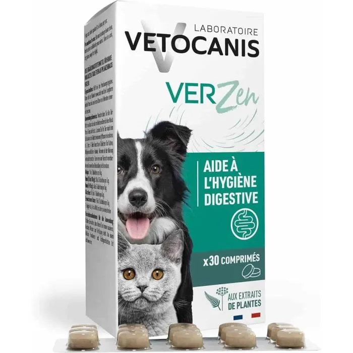 Vetocanis VerZen - Comprimés vermifuges pour chien et chat - Aux plantes, arôme viande - Boîte de 30 comprimés