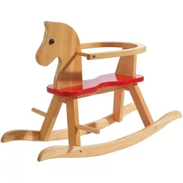 Roba - Cheval à bascule en bois pour enfant, avec arceau de protection amovible - Design robuste et sécurisé - Naturel/Rouge