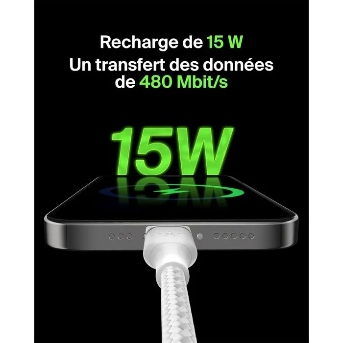 Belkin Câble USB-C vers USB-A Tressé 0,15 m Blanc - Connexion Fiable et Design Épuré pour vos Périphériques