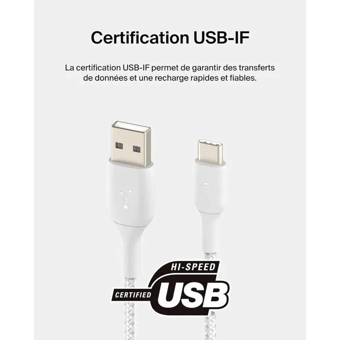 Belkin Câble USB-C vers USB-A Tressé 0,15 m Blanc - Connexion Fiable et Design Épuré pour vos Périphériques