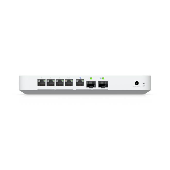 Ubiquiti Gateway 10G avec switch 4 ports 2.5 GbE, PoE+, ports WAN 10G SFP+ et RJ45, port LAN 10G SFP+, processeur quad-core, 2 GB, boîtier blanc Ubiquiti Gateway 10G avec switch 4 ports 2.5 GbE, PoE+, ports WAN 10G SFP+ et RJ45, port LAN 10G SFP+, processeur quad-core, 2 GB, boîtier blanc