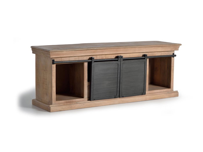 GINER Y COLOMER Buffet TV en bois de manguier massif avec pattes métal gris et rangement central - 2 portes, 3 tiroirs - Dimensions : 150x55x40 cm