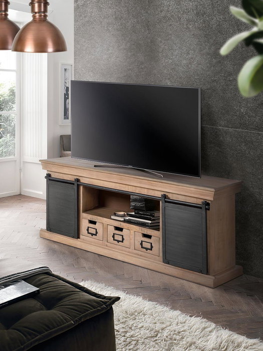 GINER Y COLOMER Buffet TV en bois de manguier massif avec pattes métal gris et rangement central - 2 portes, 3 tiroirs - Dimensions : 150x55x40 cm