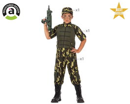 Déguisement Militaire Enfant Camouflage 3-4 Ans, Costume de Soldat Vert à 3 Pièces (Casquette, T-Shirt, Pantalon) en Polyester