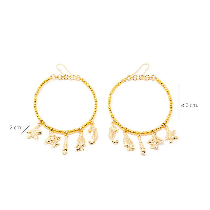 Shabama Boucles d'oreilles FORMENTOR Or Brillant Anneau Perles Charms Créatures Marines 6 cm