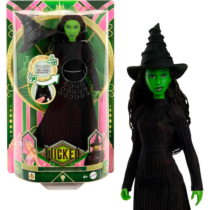 Mattel - Poupée Chanteuse Elphaba Wicked, Inspirée du Film, Chante 'Defying Gravity', 15 Secondes de Musique, Robe Interchangeable, Peau Verte, Cheveux Noirs Tressés, Jouet +4 Ans