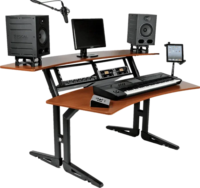 QUIKLOK Meuble de studio (workstation) à deux niveaux avec support rack 4x2U - Cerisier QUIKLOK Meuble de studio (workstation) à deux niveaux avec support rack 4x2U - Cerisier
