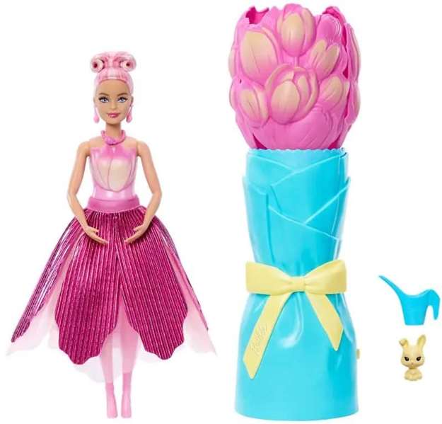 Mattel Barbie Petal Pop Tulipán, Poupée Barbie Robe Rose avec Accessoires Fleurs, Dimensions 32x12x12 cm, pour Enfants dès 3 ans