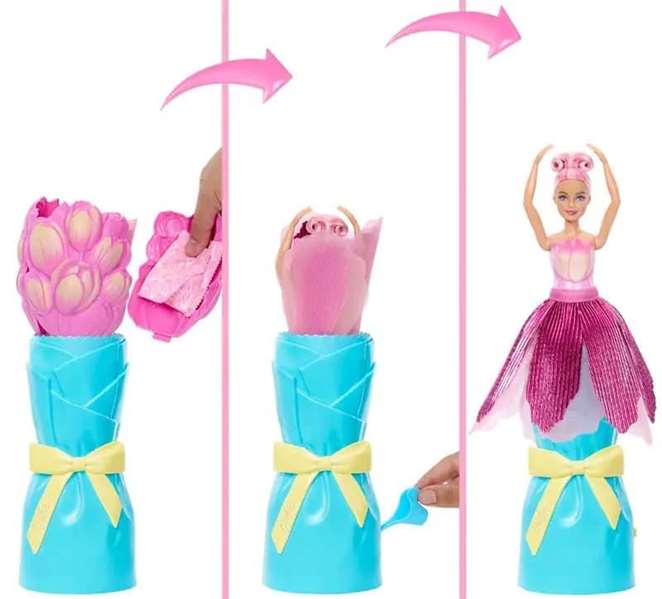 Mattel Barbie Petal Pop Tulipán, Poupée Barbie Robe Rose avec Accessoires Fleurs, Dimensions 32x12x12 cm, pour Enfants dès 3 ans