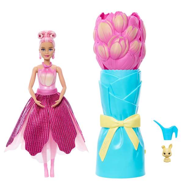 Mattel Barbie Petal Pop Tulipán, Poupée Barbie Robe Rose avec Accessoires Fleurs, Dimensions 32x12x12 cm, pour Enfants dès 3 ans