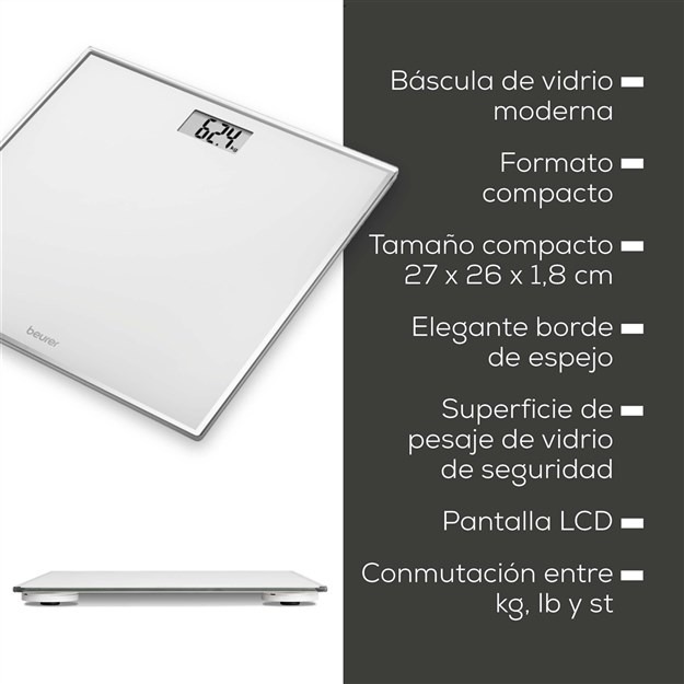 Beurer GS-120 KOMPAKT Pèse-personne numérique compact à plateau en verre effet miroir avec écran LCD et démarrage rapide