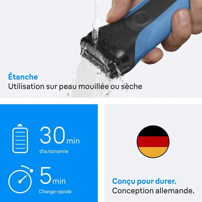 Braun Series 3 - Rasoir électrique homme - 30 min d'autonomie - Charge rapide 5 min - Bleu et noir Braun Series 3 - Rasoir électrique homme - 30 min d'autonomie - Charge rapide 5 min - Bleu et noir