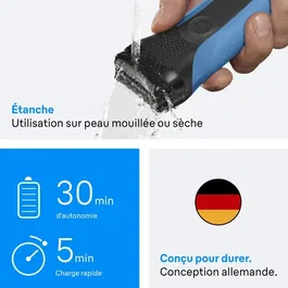 Braun Series 3 - Rasoir électrique homme - 30 min d'autonomie - Charge rapide 5 min - Bleu et noir