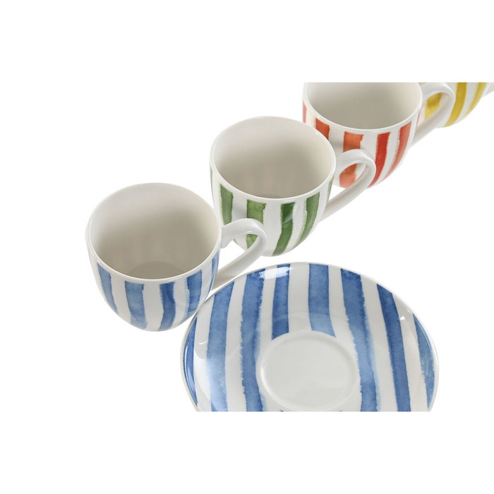 Jeu de 6 tasses avec plat Home ESPRIT Jaune Bleu Vert Corail Porcelaine Rayures méditerranéen 90 ml