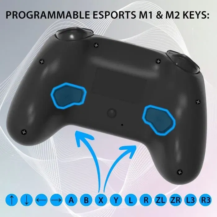 Subsonic Manette sans fil Switch 2/Switch avec LEDs programmables, boutons M1/M2, gyroscope, vibrations ajustables et autonomie 10h pour Nintendo Switch/2 - Noire