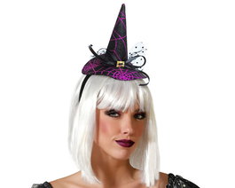 Diadème pour Déguisement de Sorcière Halloween Violet avec Toile d'Araignée et Chapeau à Paillettes