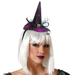 Diadème pour Déguisement de Sorcière Halloween Violet avec Toile d'Araignée et Chapeau à Paillettes