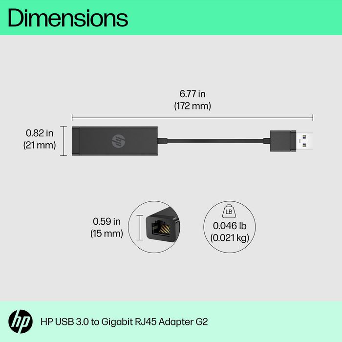 HP Adaptateur USB 3.0 vers Ethernet Gigabit RJ45, Modèle G2, Connexion réseau filaire pour ordinateur portable, Sans pilote