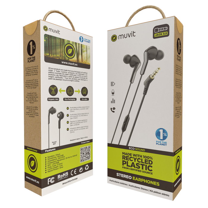 Muvit E57 Casque Écologique avec Micro et Filaire 3.5mm - Noir - Certification FSC