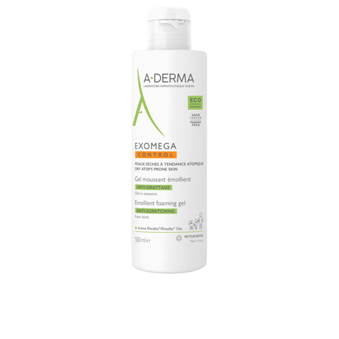 A-Derma EXOMEGA CONTROL Gel moussant émollient visage et corps, peaux sèches, eczéma, 500 ml