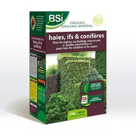 BSI Engrais Organo-Minéral Bio longue durée pour Haies, Ifs et Conifères - Fertilisation 100% Naturelle - NPK 6-4-5 - 4 kg (40 m²)