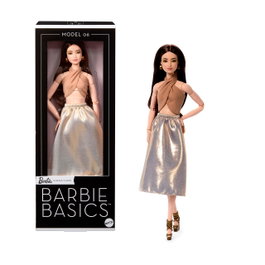 Barbie Signature Basics 06 - Poupée Collector avec Vêtements Neutres - Top Halter, Jupe Midi Dorée et Sandales à Plateforme - Cheveux Bruns Ondulés - +6 ans