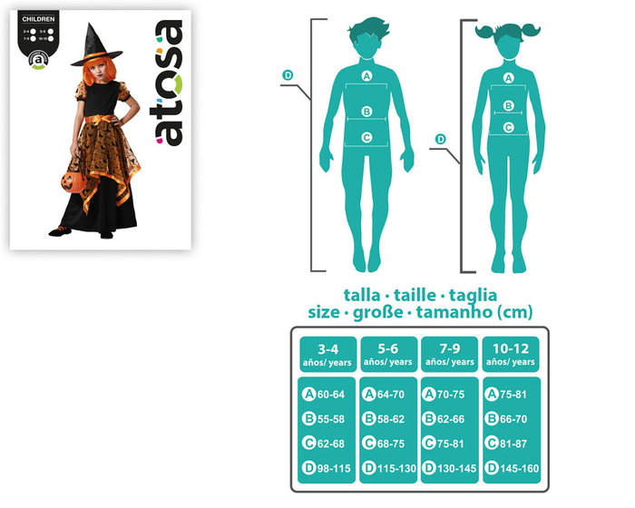 atosa Déguisement Robe Longue de Sorcière Orange avec Chapeau pour Fille atosa Déguisement Robe Longue de Sorcière Orange avec Chapeau pour Fille