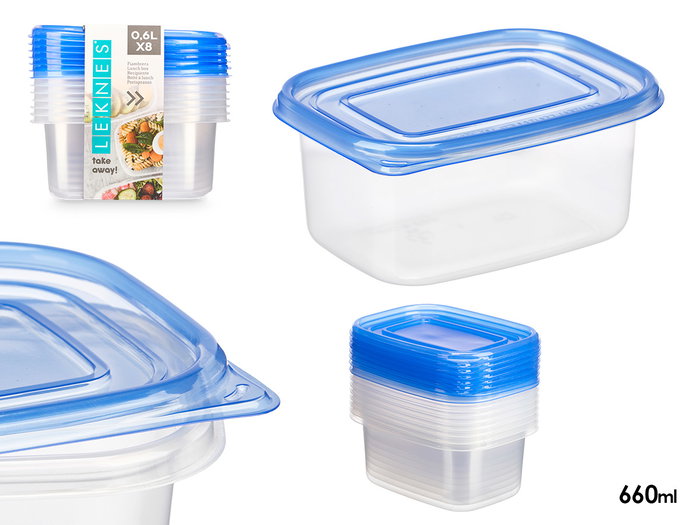 Leknes Lot de 8 Boîtes Rectangulaires 660 ml Couvercle, 16 x 14 x 12 cm, Plastique PP, Bleu et Transparent (Set de 8) Leknes Lot de 8 Boîtes Rectangulaires 660 ml Couvercle, 16 x 14 x 12 cm, Plastique PP, Bleu et Transparent (Set de 8)