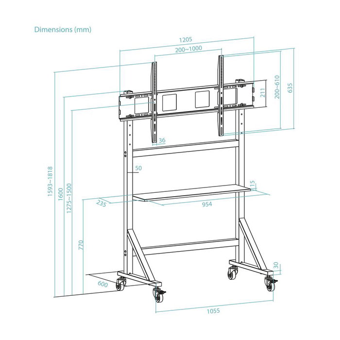 Tooq Optimus Support Mural Sol Avec Roues pour TV 60-105 Pouces VESA 200x200 à 1000x600 mm Charge Maximale 120 kg
