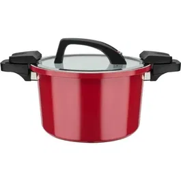 GSW - Cuiseur Basse Pression 24 cm 6 L Anti-Adhésif, Compatible Tous Feux Dont Induction, Aluminium Forgé Rouge avec Couvercle Fenêtré