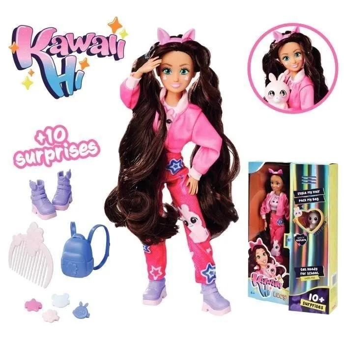 Simba Kawaii Hi Lucy - Poupée mannequin articulée avec nombreux accessoires, tenue, coiffure et lapin Momo - Jeu d'imagination à partir de 4 ans