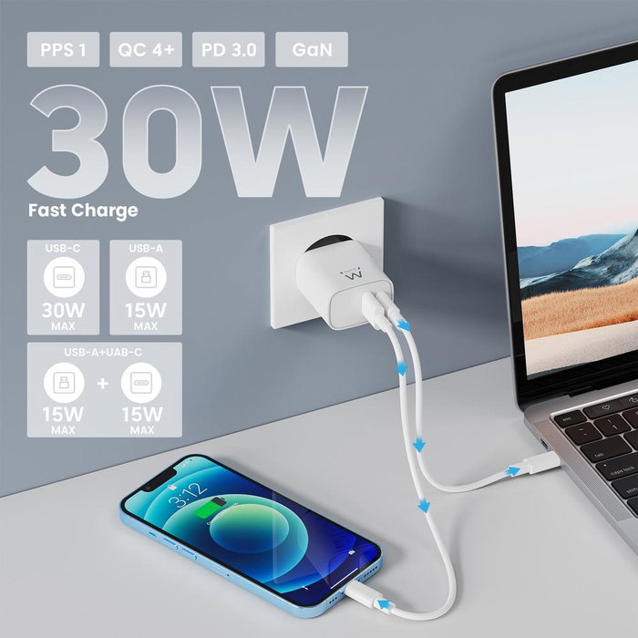 Ewent EW1326 Chargeur rapide GaN 30W USB-C PD et USB-A QC Chargeur mural blanc Ewent EW1326 Chargeur rapide GaN 30W USB-C PD et USB-A QC Chargeur mural blanc