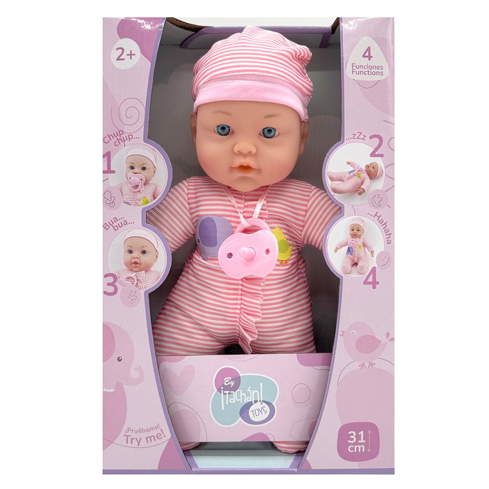 TACHAN Poupon Bébé Doux et Interactif 31 cm avec 4 Fonctions (Chuchotement, Sommeil, Rires, Pleurs) - Multilingue (FR/EN/DE/IT/PT/ES) - Réf. T00990 - Dès 2 ans