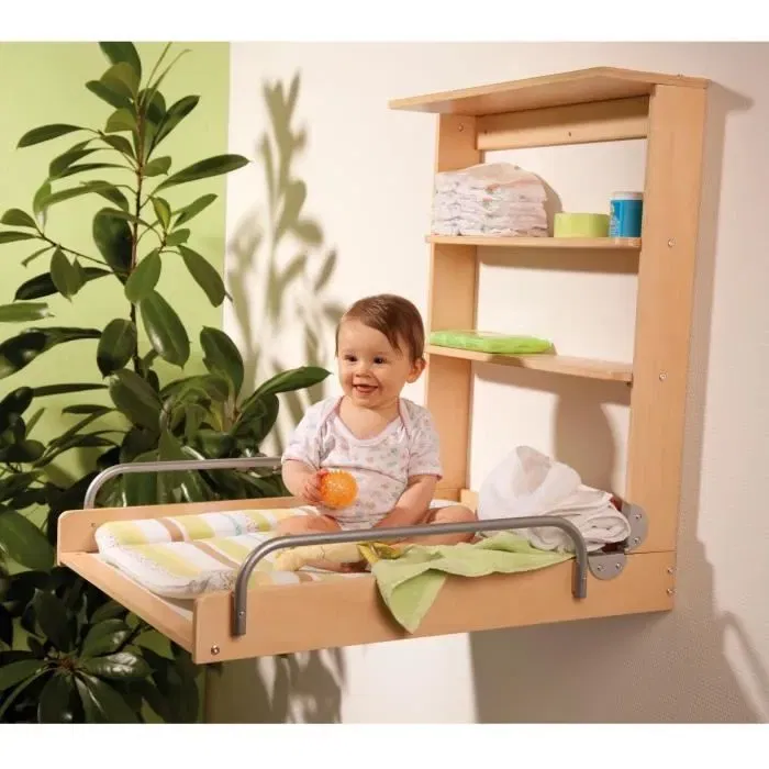 Roba - Table à langer murale rabattable avec matelas Dschungelbaby - 2 étagères intégrées - Bois naturel - 59 x 72 cm - Sécurisée pour bébé