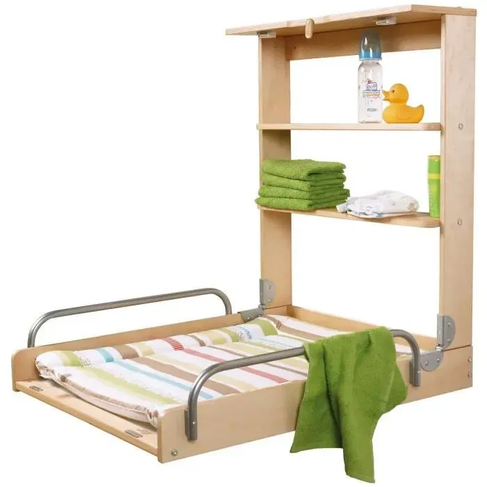 Roba - Table à langer murale rabattable avec matelas Dschungelbaby - 2 étagères intégrées - Bois naturel - 59 x 72 cm - Sécurisée pour bébé