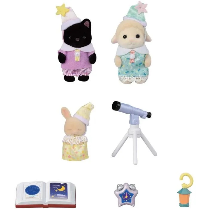 Sylvanian Families 5750 - Trio de bébés Pyjama Party avec Chat Magicien, Mouton et Lapin Crème, vêtements amovibles et accessoires